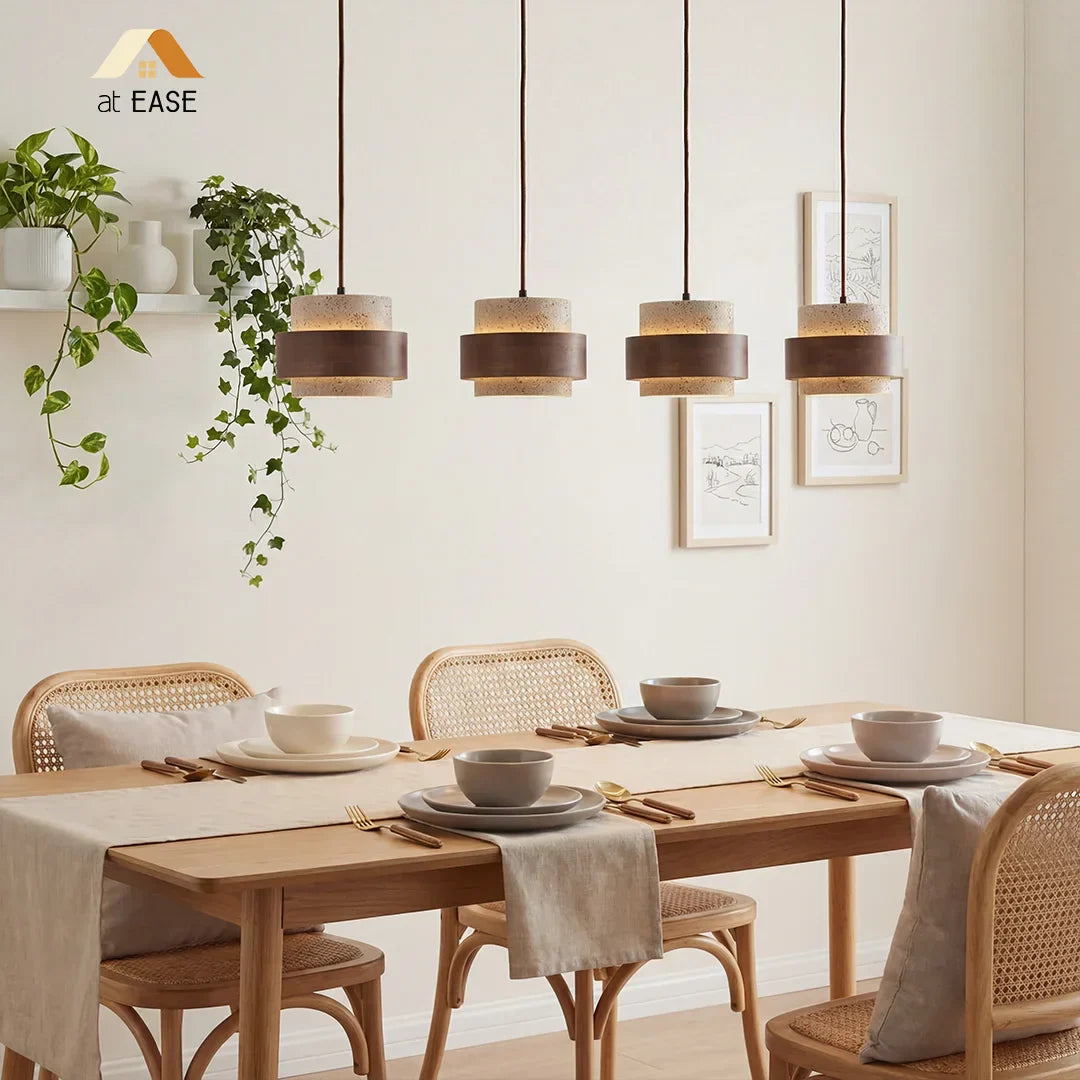 Pendant Light Travertine Wood E27 150.0 cm Walnut Dining Room Kitchen Island Hanging Ceiling Lamp Japandi Minimalist | Thomler