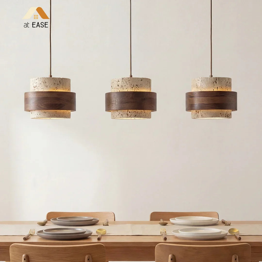 Pendant Light Travertine Wood E27 150.0 cm Walnut Dining Room Kitchen Island Hanging Ceiling Lamp Japandi Minimalist | Thomler