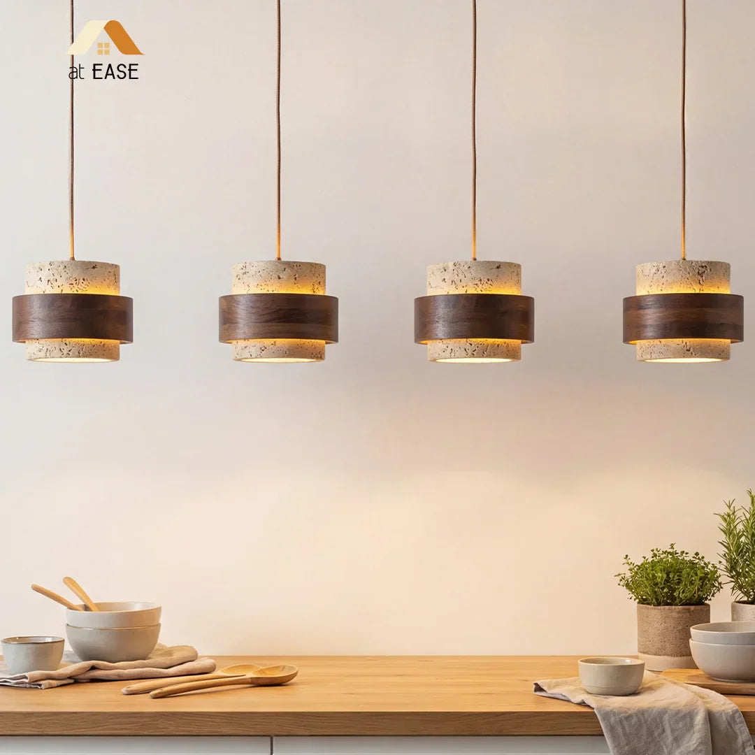 Pendant Light Travertine Wood E27 150.0 cm Walnut Dining Room Kitchen Island Hanging Ceiling Lamp Japandi Minimalist | Thomler