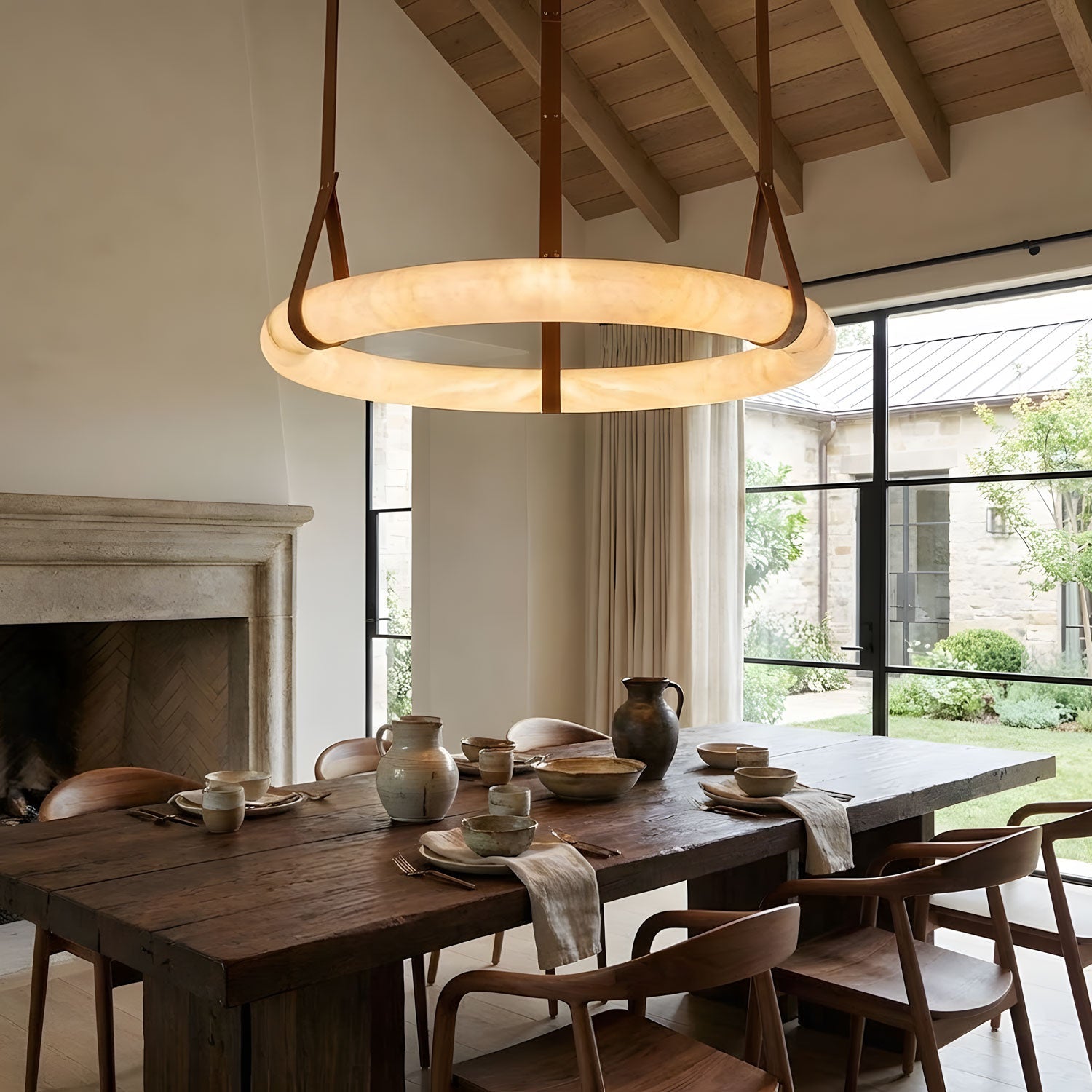 Pendant Light Alabaster Ring LED Ø 120.0 cm Gold Dining Room Halo Hanging Ceiling Lamp Adjustable | Thomler