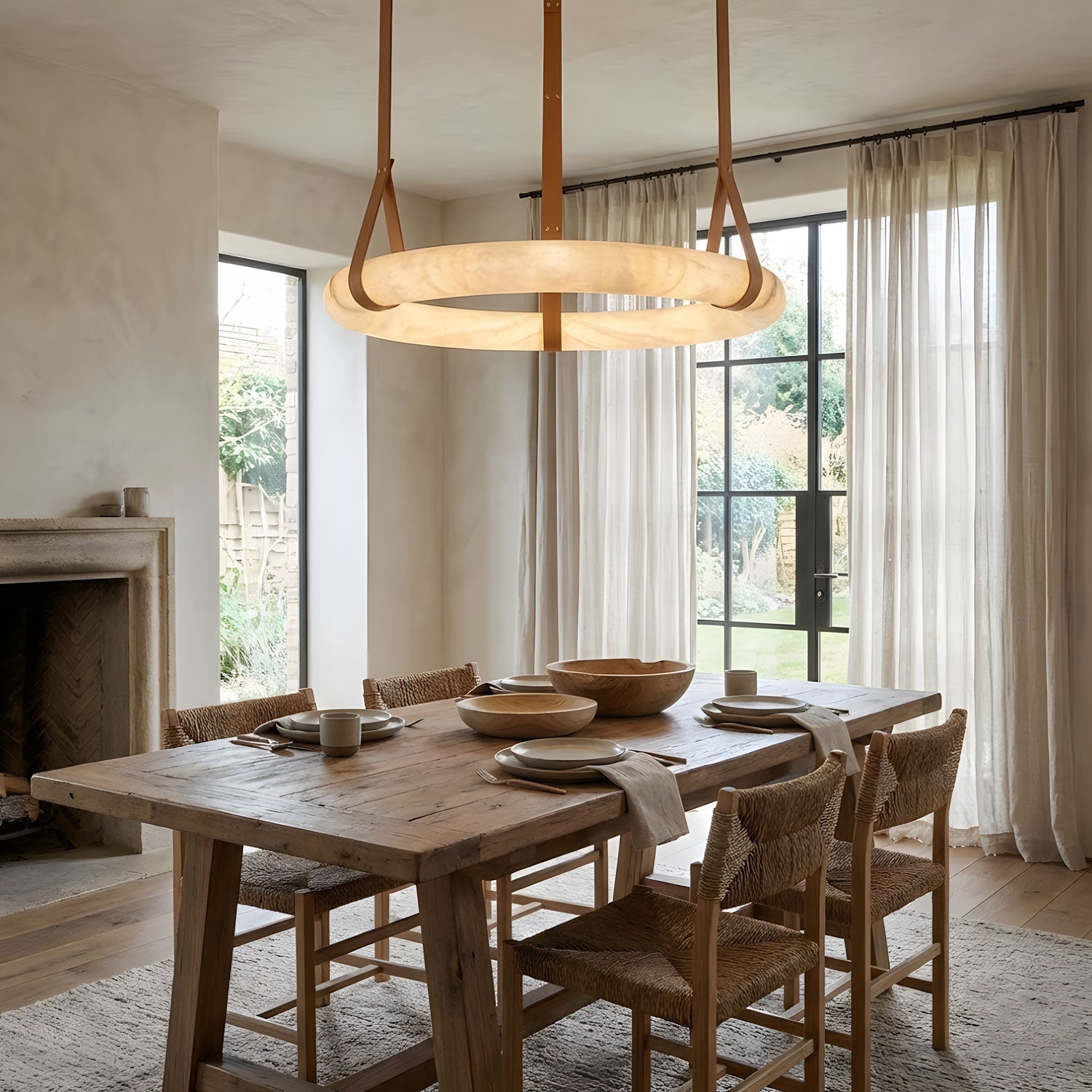 Pendant Light Alabaster Ring LED Ø 120.0 cm Gold Dining Room Halo Hanging Ceiling Lamp Adjustable | Thomler