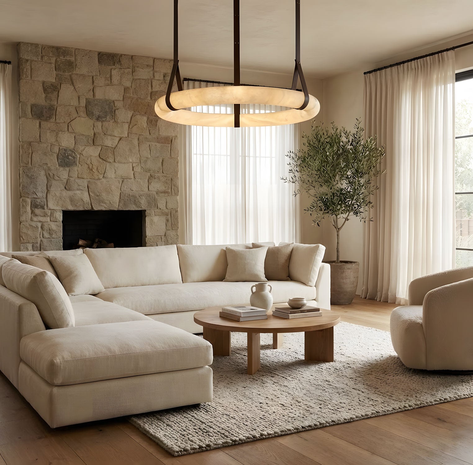 Pendant Light Alabaster Ring LED Ø 120.0 cm Gold Dining Room Halo Hanging Ceiling Lamp Adjustable | Thomler