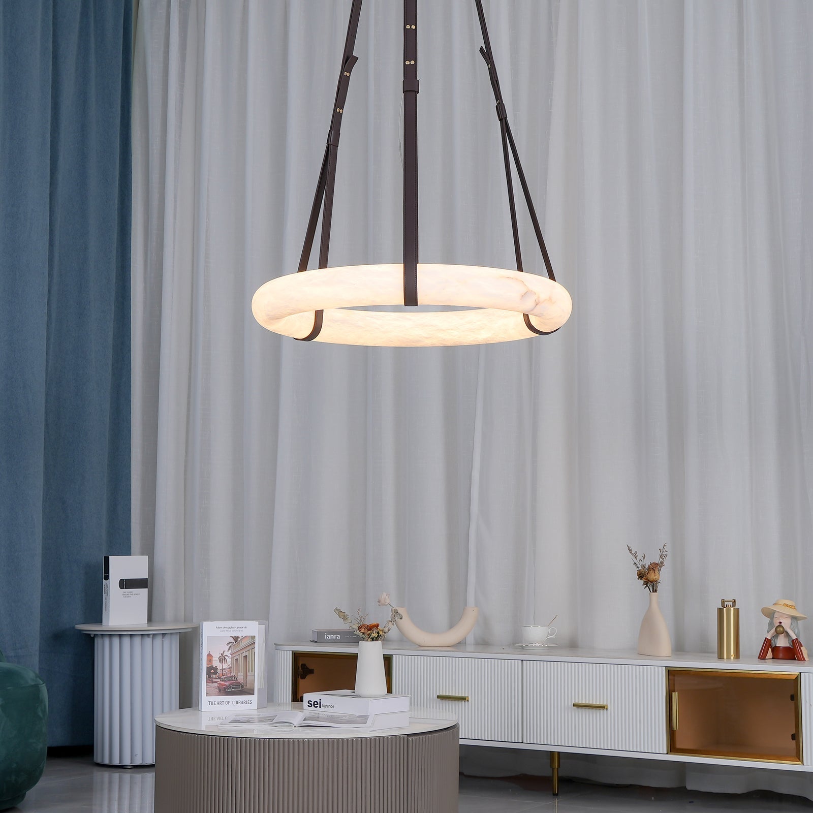 Pendant Light Alabaster Ring LED Ø 120.0 cm Gold Dining Room Halo Hanging Ceiling Lamp Adjustable | Thomler