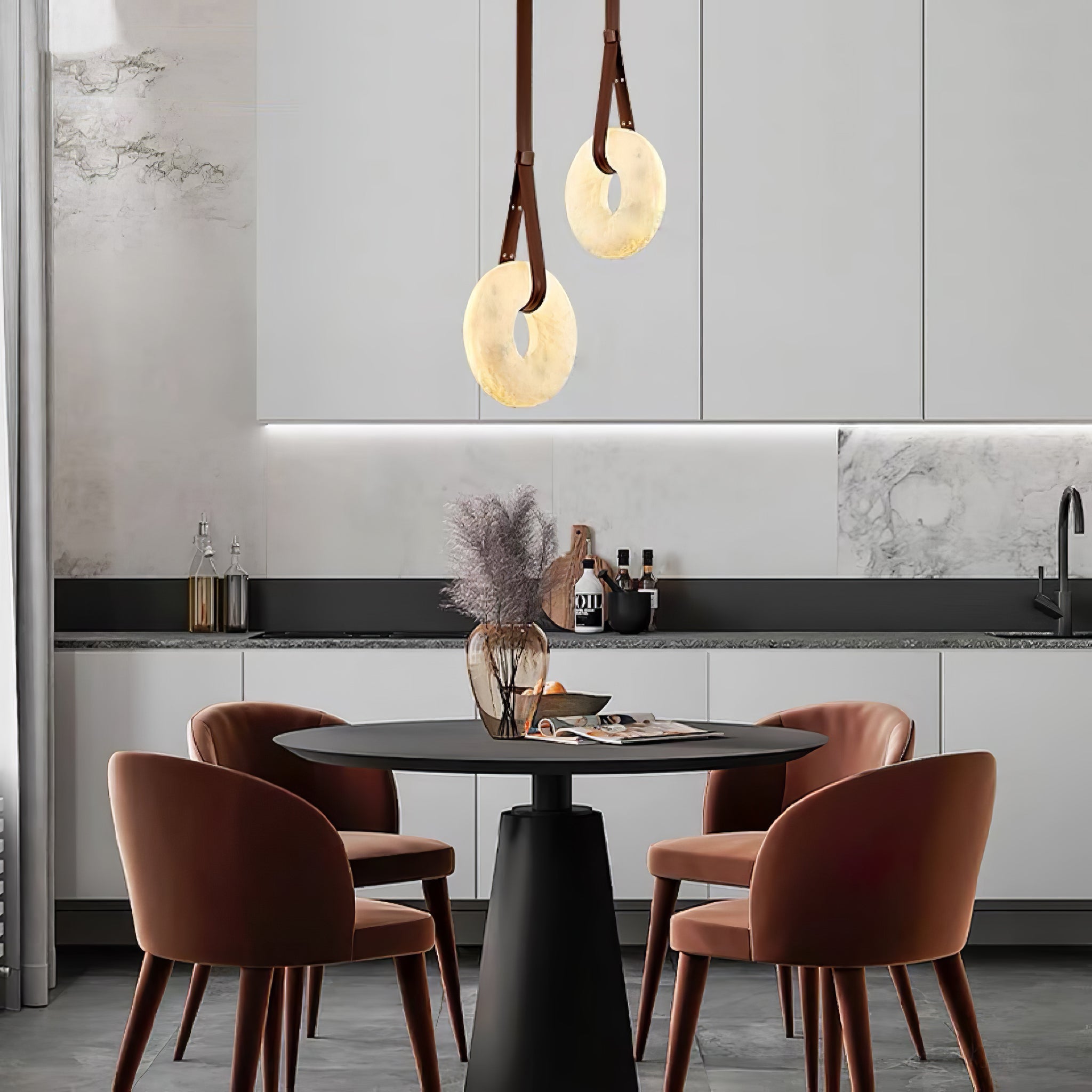 Pendant Light Alabaster Ring LED Ø 120.0 cm Gold Dining Room Halo Hanging Ceiling Lamp Adjustable | Thomler