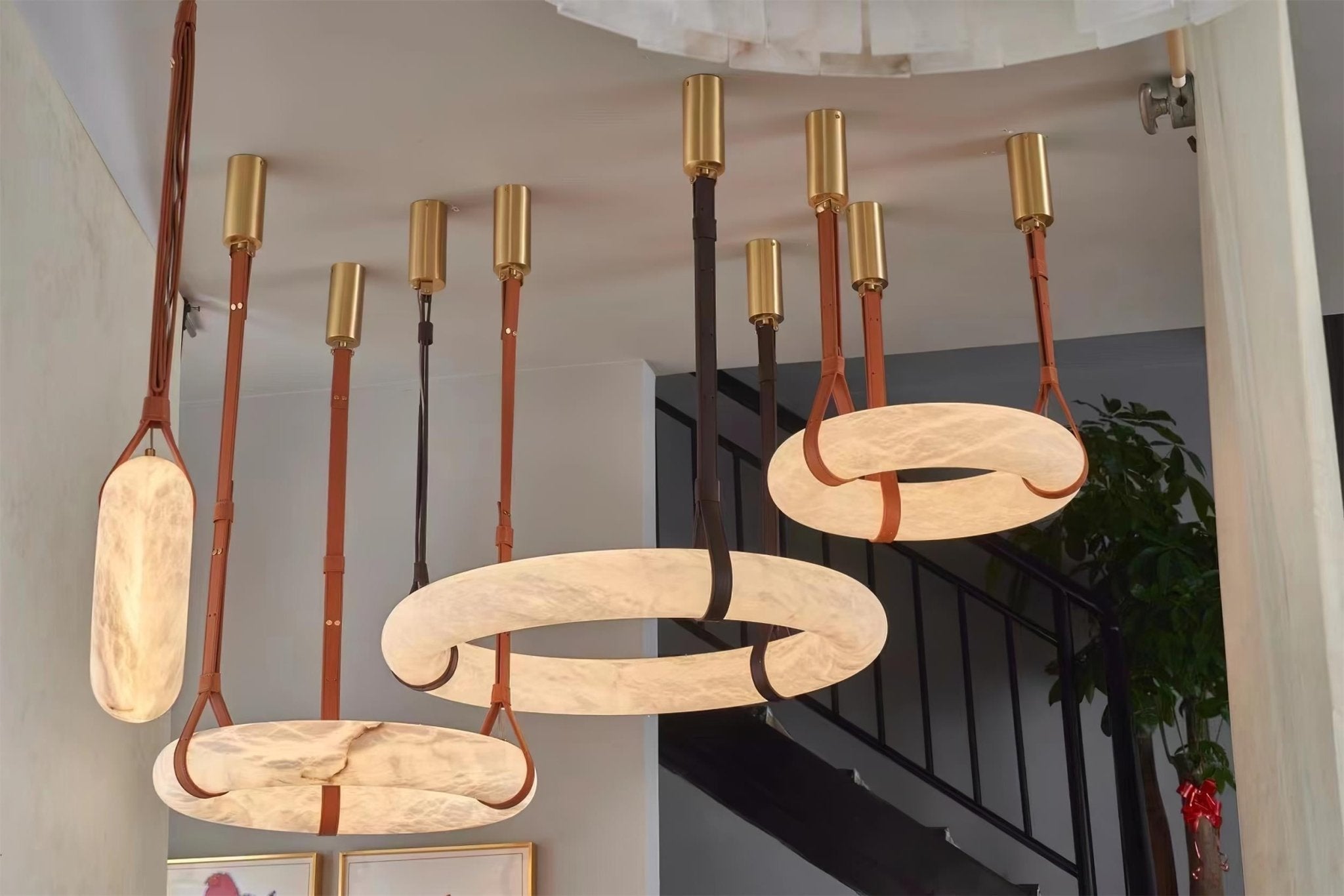 Pendant Light Alabaster Ring LED Ø 120.0 cm Gold Dining Room Halo Hanging Ceiling Lamp Adjustable | Thomler