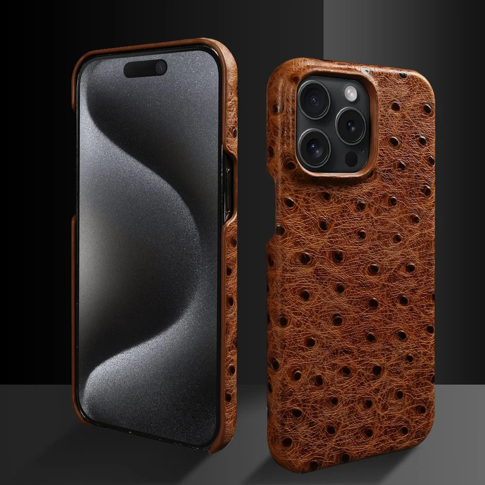 Genuine Ostrich Leather iPhone Case for 14/15/16/17 Series – Shock-Absorbing with Soft Lining & Raised Edges | Thomler