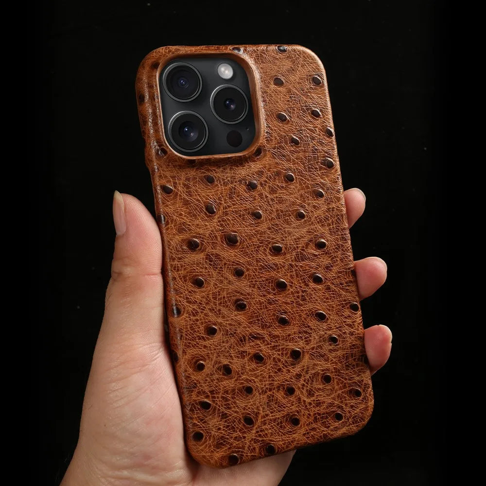 Genuine Ostrich Leather iPhone Case for 14/15/16/17 Series – Shock-Absorbing with Soft Lining & Raised Edges | Thomler