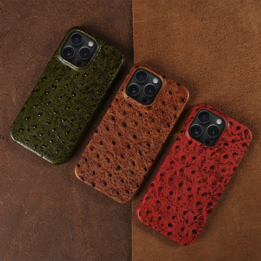 Genuine Ostrich Leather iPhone Case for 14/15/16/17 Series – Shock-Absorbing with Soft Lining & Raised Edges | Thomler