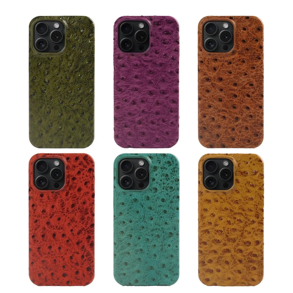Genuine Ostrich Leather iPhone Case for 14/15/16/17 Series – Shock-Absorbing with Soft Lining & Raised Edges | Thomler