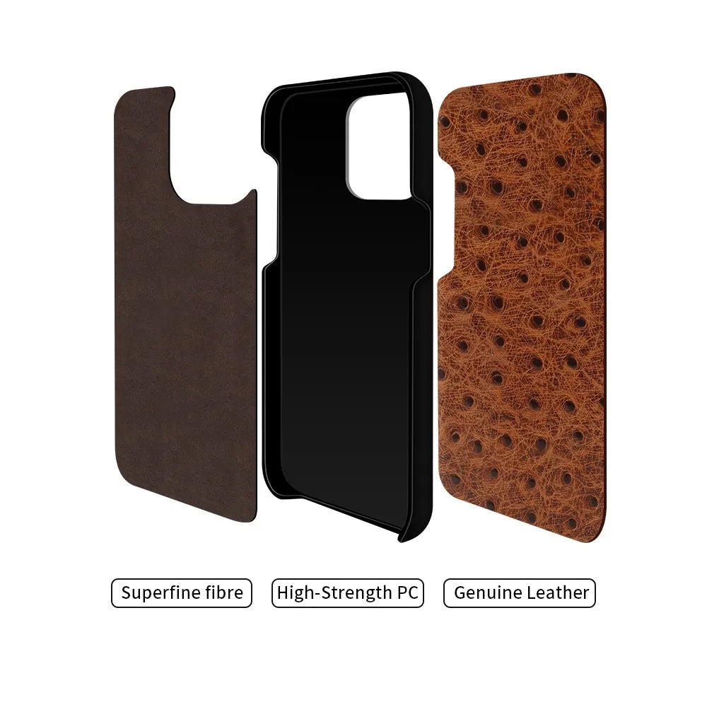 Genuine Ostrich Leather iPhone Case for 14/15/16/17 Series – Shock-Absorbing with Soft Lining & Raised Edges | Thomler