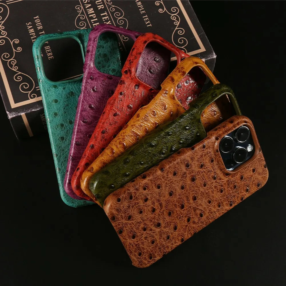 Genuine Ostrich Leather iPhone Case for 14/15/16/17 Series – Shock-Absorbing with Soft Lining & Raised Edges | Thomler