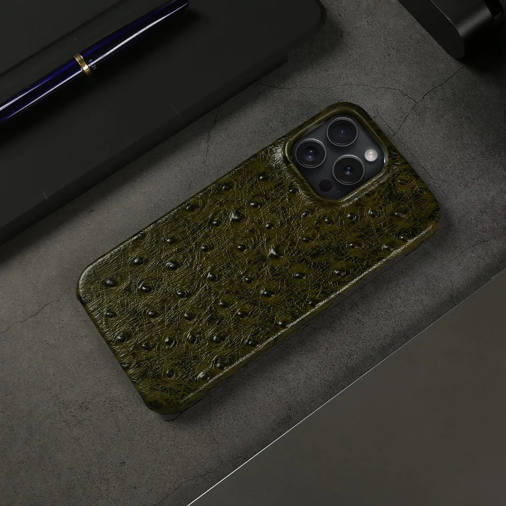 Genuine Ostrich Leather iPhone Case for 14/15/16/17 Series – Shock-Absorbing with Soft Lining & Raised Edges | Thomler