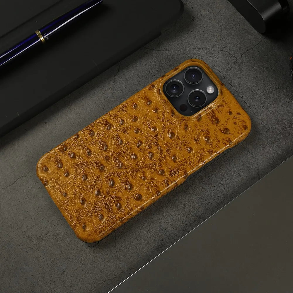 Genuine Ostrich Leather iPhone Case for 14/15/16/17 Series – Shock-Absorbing with Soft Lining & Raised Edges | Thomler