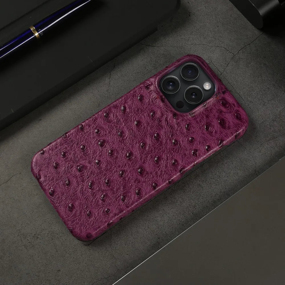 Genuine Ostrich Leather iPhone Case for 14/15/16/17 Series – Shock-Absorbing with Soft Lining & Raised Edges | Thomler