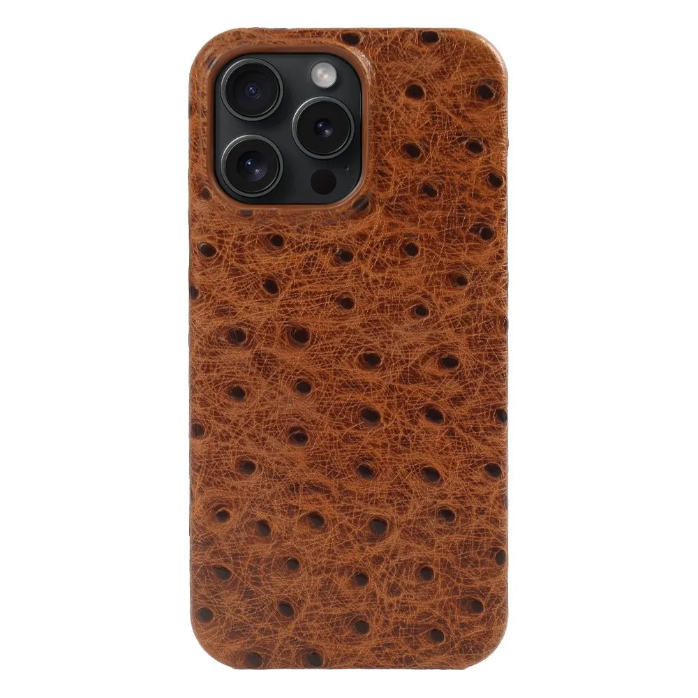 Genuine Ostrich Leather iPhone Case for 14/15/16/17 Series – Shock-Absorbing with Soft Lining & Raised Edges | Thomler