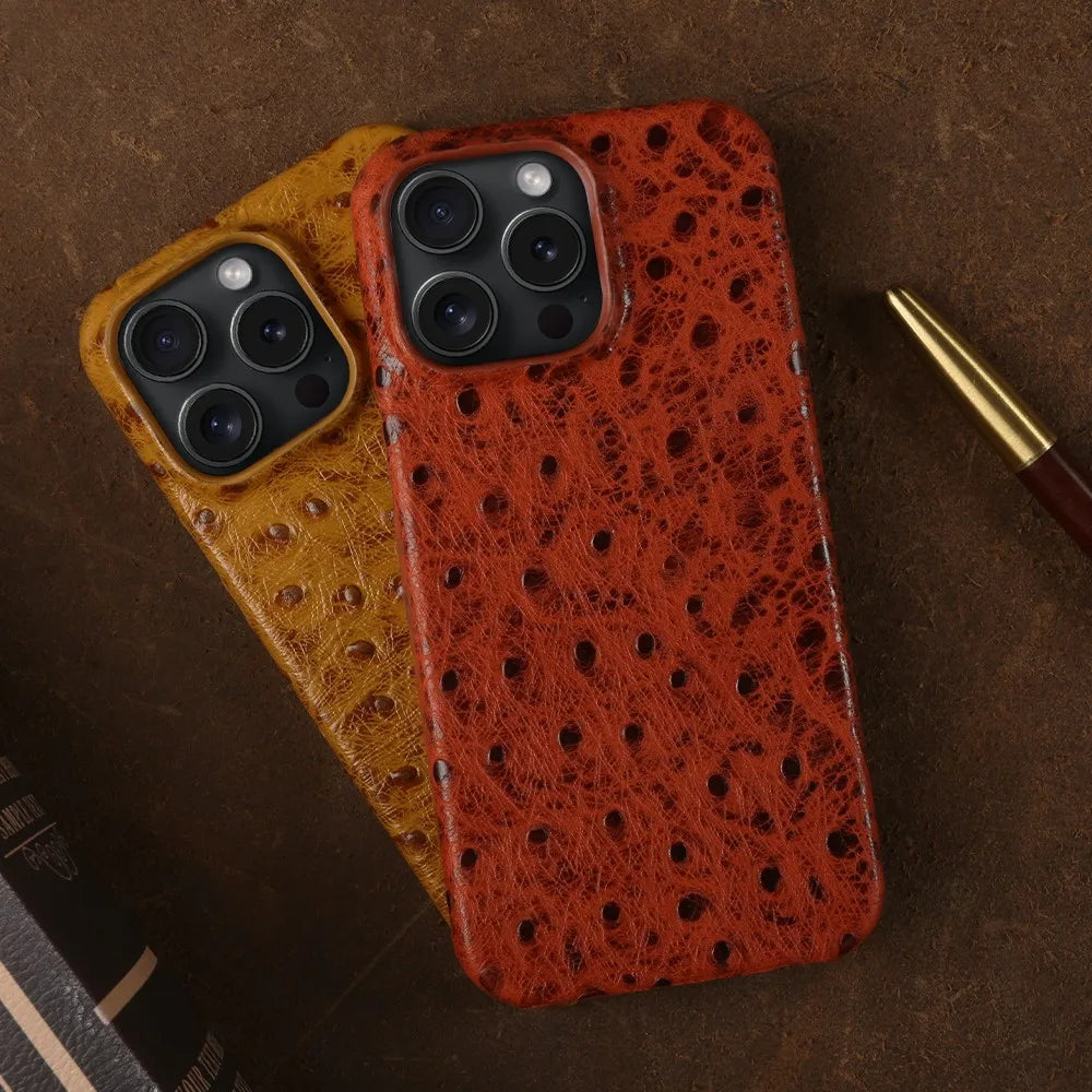 Genuine Ostrich Leather iPhone Case for 14/15/16/17 Series – Shock-Absorbing with Soft Lining & Raised Edges | Thomler