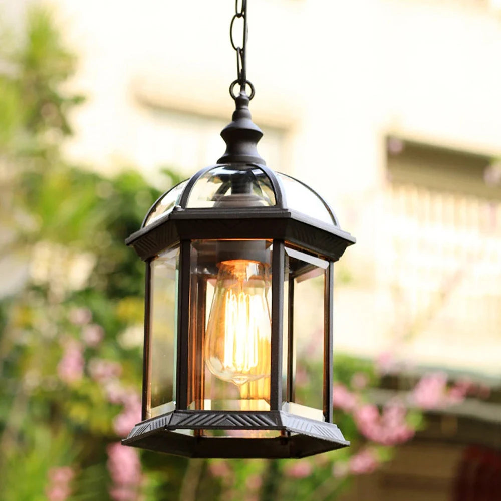 Six-Sided Metal & Glass Hanging Lantern for Porch, Patio & Entryway – Weatherproof Outdoor Ceiling Light with 360° Illumination & Vintage | Thomler