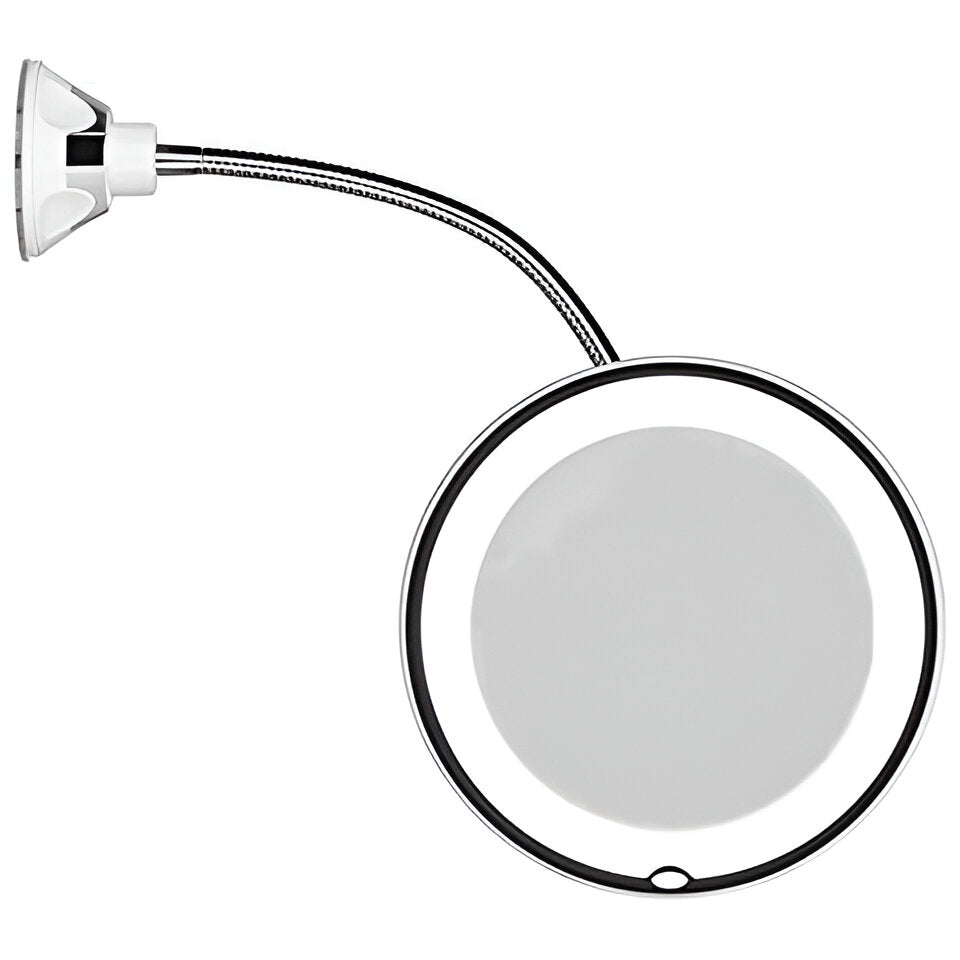 Magnifying Cosmetic Mirror with LED Ring Light and Suction Base – 10X Zoom, 360° Adjustable Arm, Battery Powered | Thomler