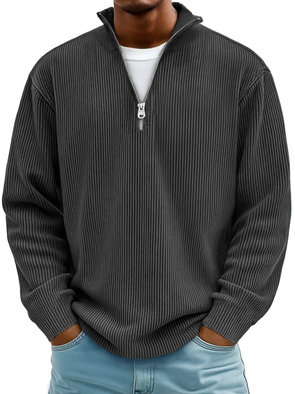 Men's Quarter-Zip Pullover with Stand Collar – Textured Knit Long Sleeve Top for Work & Weekend | Thomler