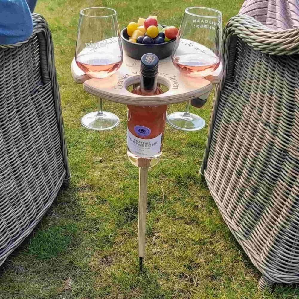 Portable Wine Table for Outdoor Picnics – Holds 2 Glasses, Bottle & Snacks | Stakes into Grass or Sand | Thomler