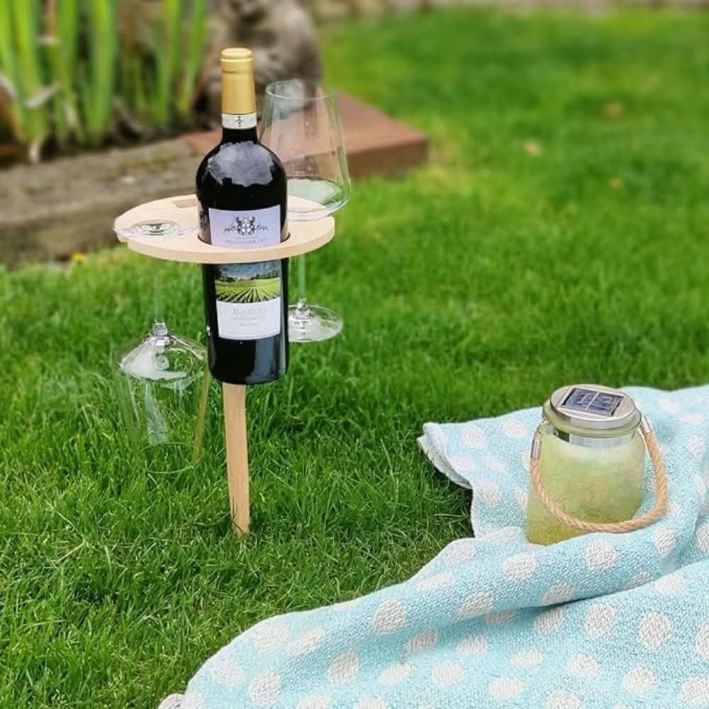 Portable Wine Table for Outdoor Picnics – Holds 2 Glasses, Bottle & Snacks | Stakes into Grass or Sand | Thomler