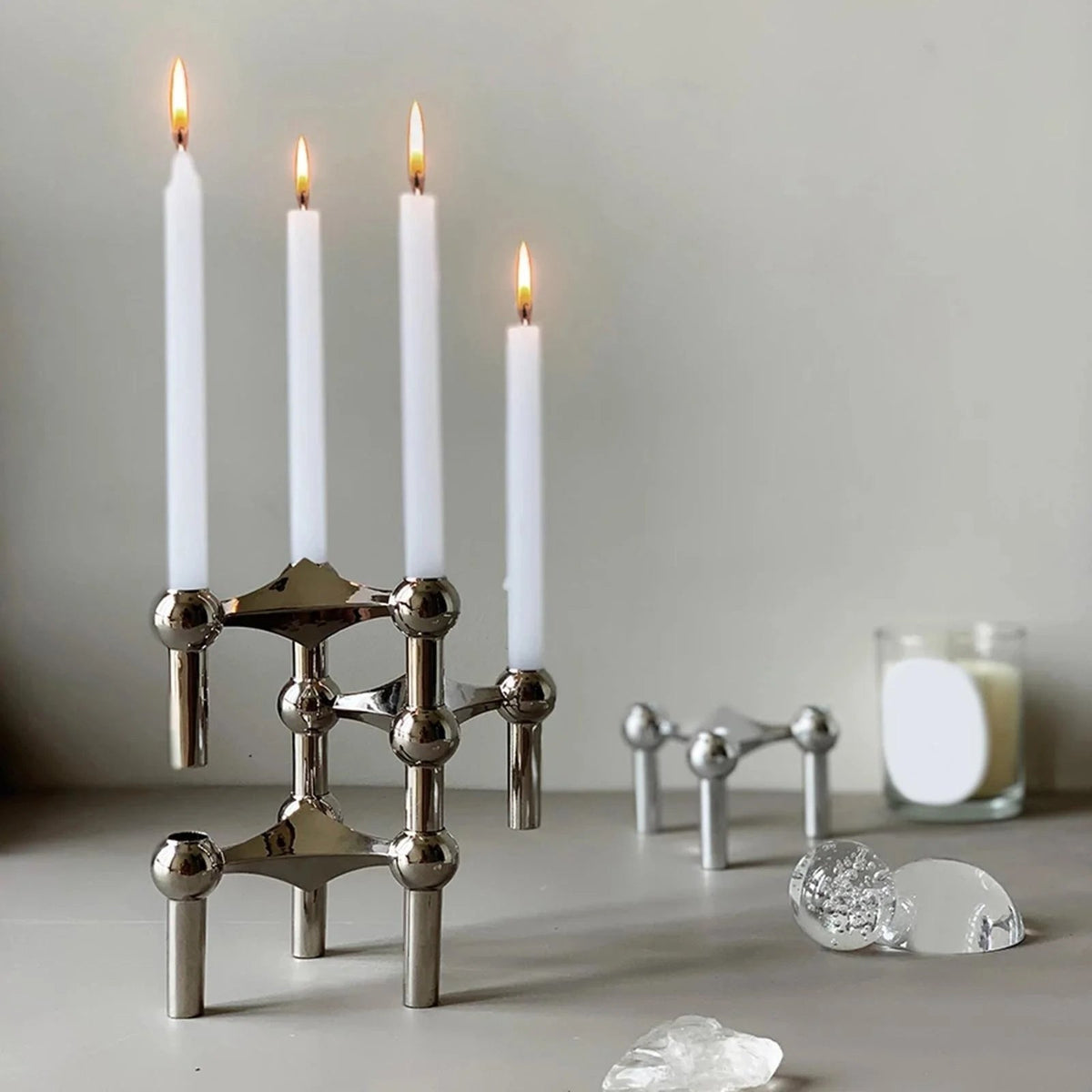 3-Piece Steel Atom Taper Holder Set – Modern Geometric Candlestick Display for Dining Tables, Shelves & Consoles | Thomler