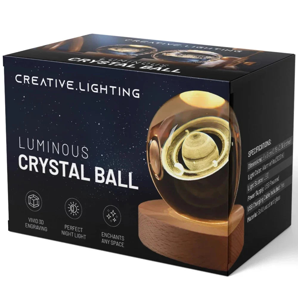 3D Engraved Crystal Planet Sphere Night Light on Wood Base USB Powered Desk Lamp Warm White LED Glow for Bedroom Living Room Nursery Space | Thomler