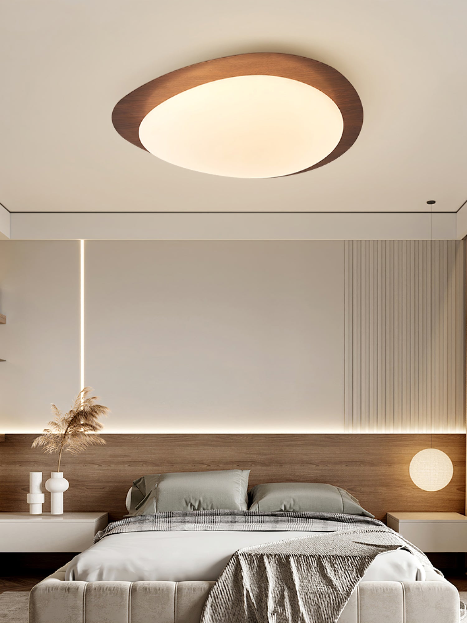 Pebble Ceiling Light 11.8 in 12W Walnut Grain Indoor Flush Mount LED | Modern Bedroom Living Room Dining Room Ceiling Fixture | Thomler
