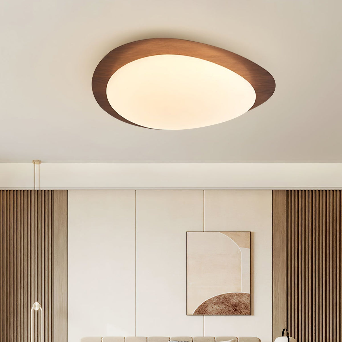 Organic Stone-Shaped Flush Mount LED Ceiling Fixture with Woodgrain Acrylic Diffuser for Living Room & Dining | Thomler