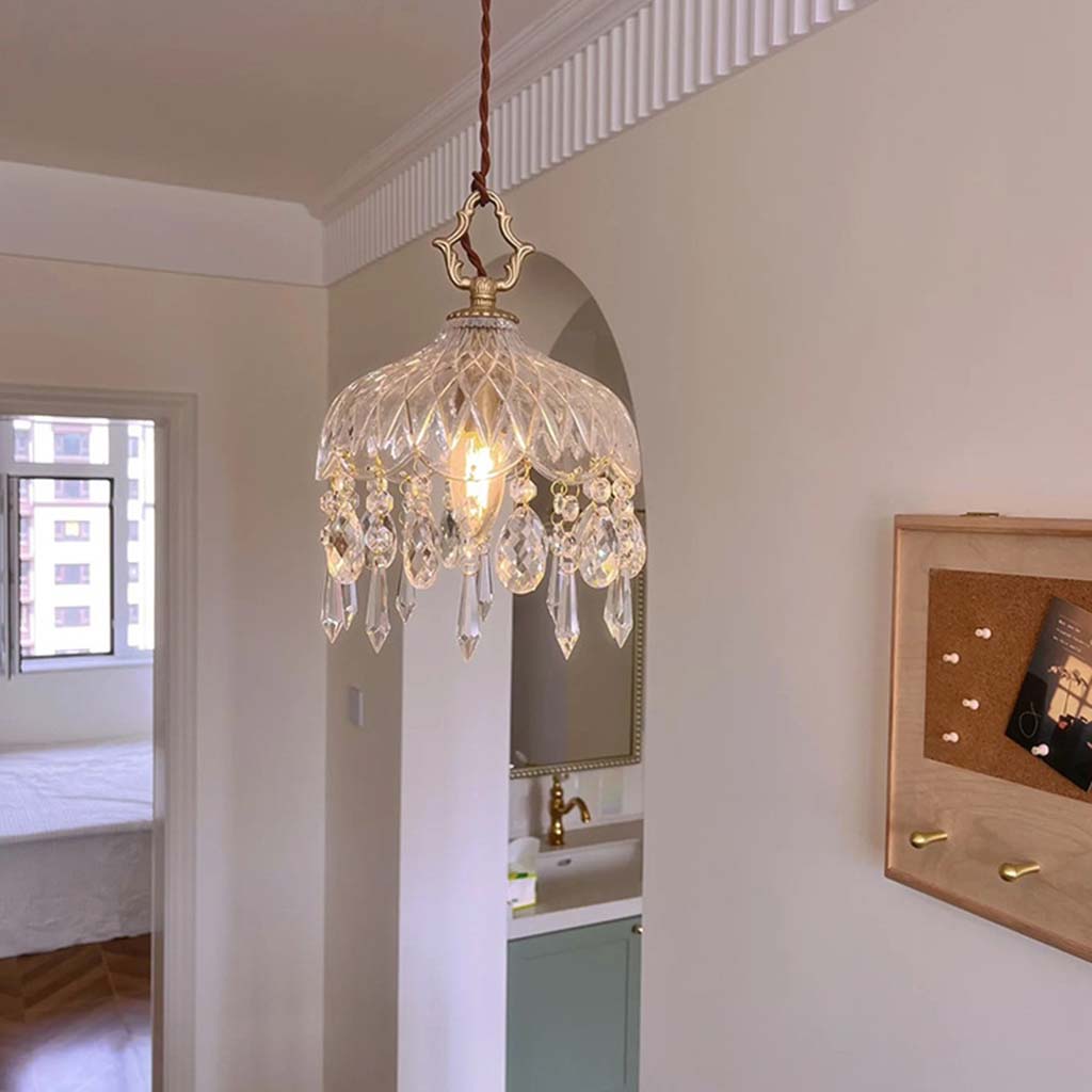 Pendant Light Crystal Glass 20.0 cm Brass Dining Room Bedroom Hanging Ceiling Lamp Vintage French Style E14 LED | Thomler