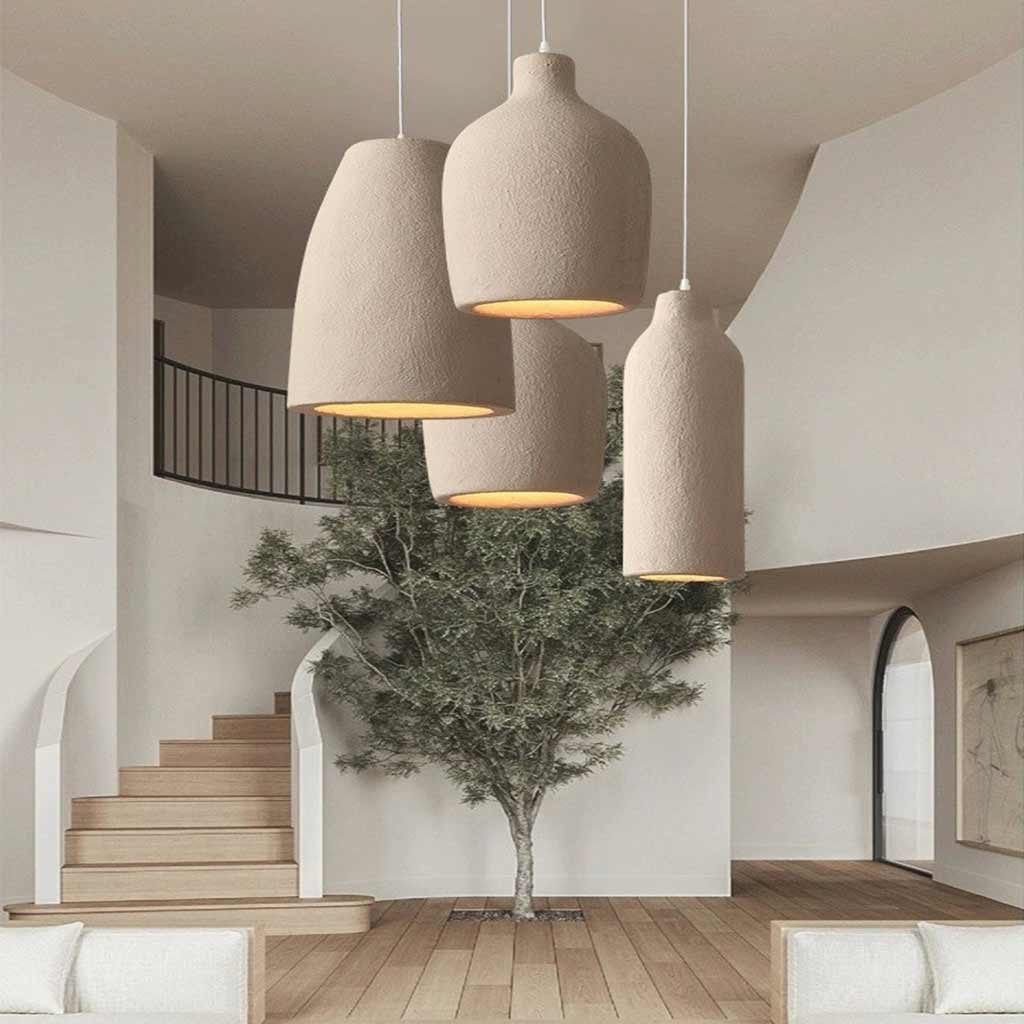 Pendant Light Polystyrene 13.8 in Adjustable Beige Living Room Dining Kitchen Island Hanging Lamp | Thomler