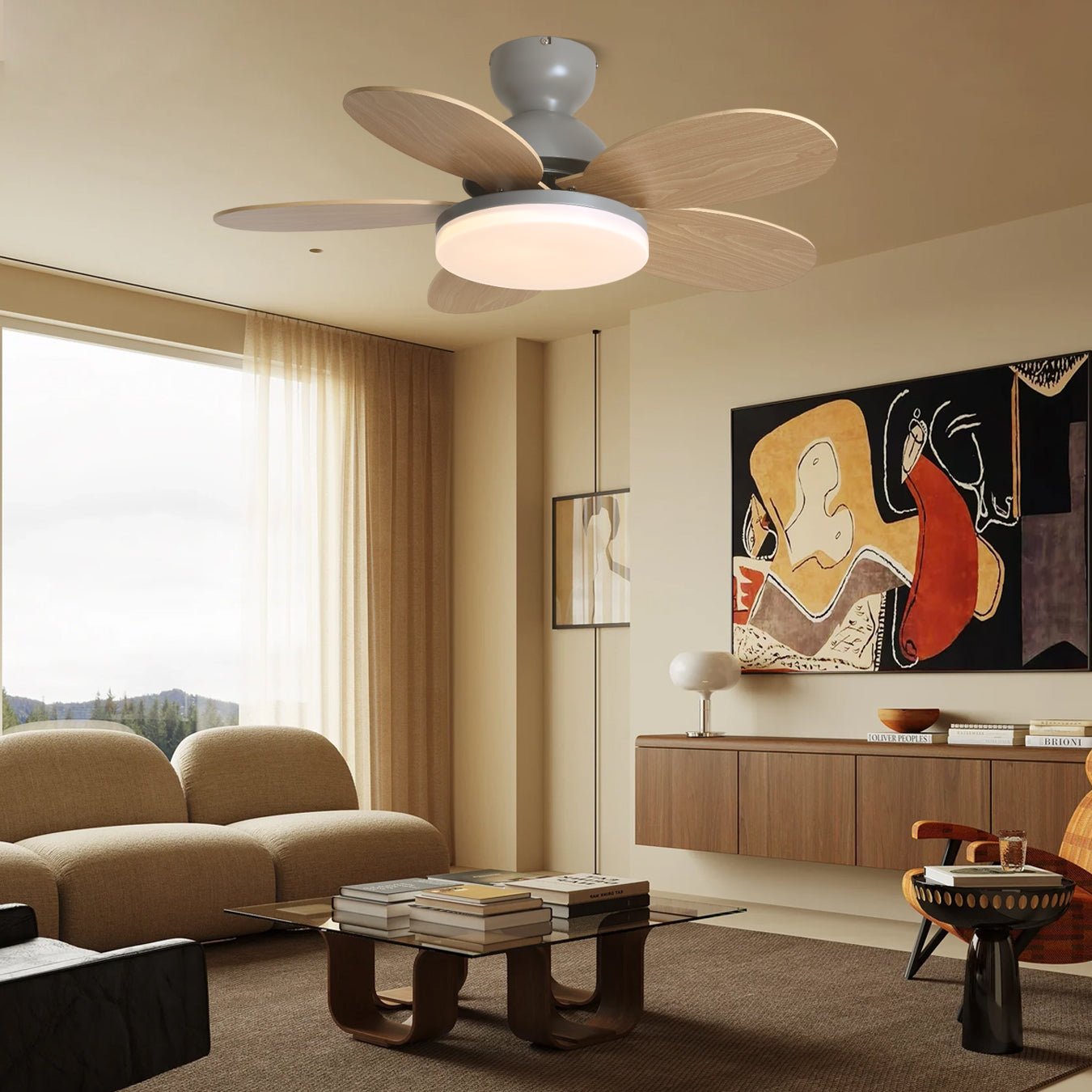 Ceiling Fan Light 35.4 in Wood Blades Grey Indoor Living Room Modern LED Lighting | Thomler