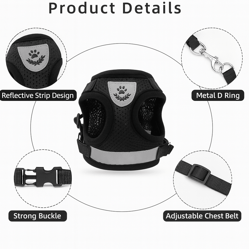 Breathable Cat Harness with Reflective Strip & Leash – Adjustable, Escape-Proof Design for Safe Outdoor Walks | Thomler