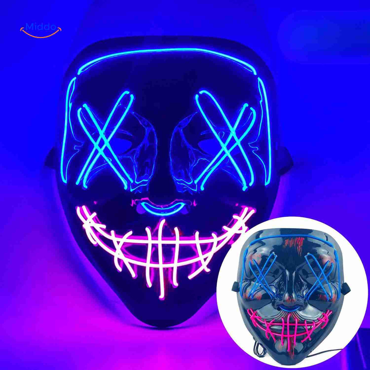 Illuminated Horror Face Mask – LED Electroluminescent Wire, 4 Light Modes, Foam-Padded for Comfortable Wear at Parties, Festivals & Cosplay | Thomler