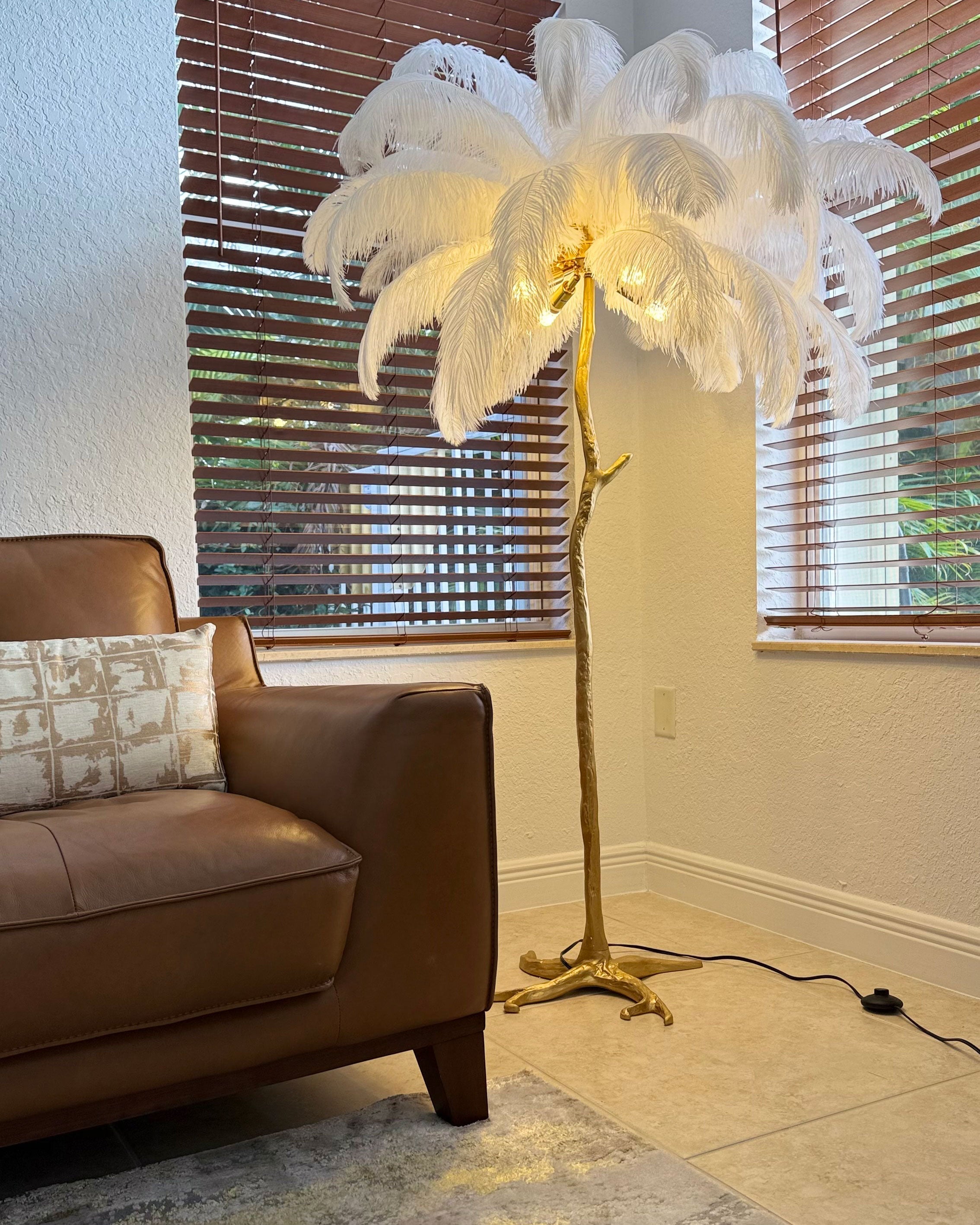 Floor Lamp Feather Shade 160.0 cm White Living Room Bedroom Palm Tree Standing Light Tropical Ambient Lighting | Thomler