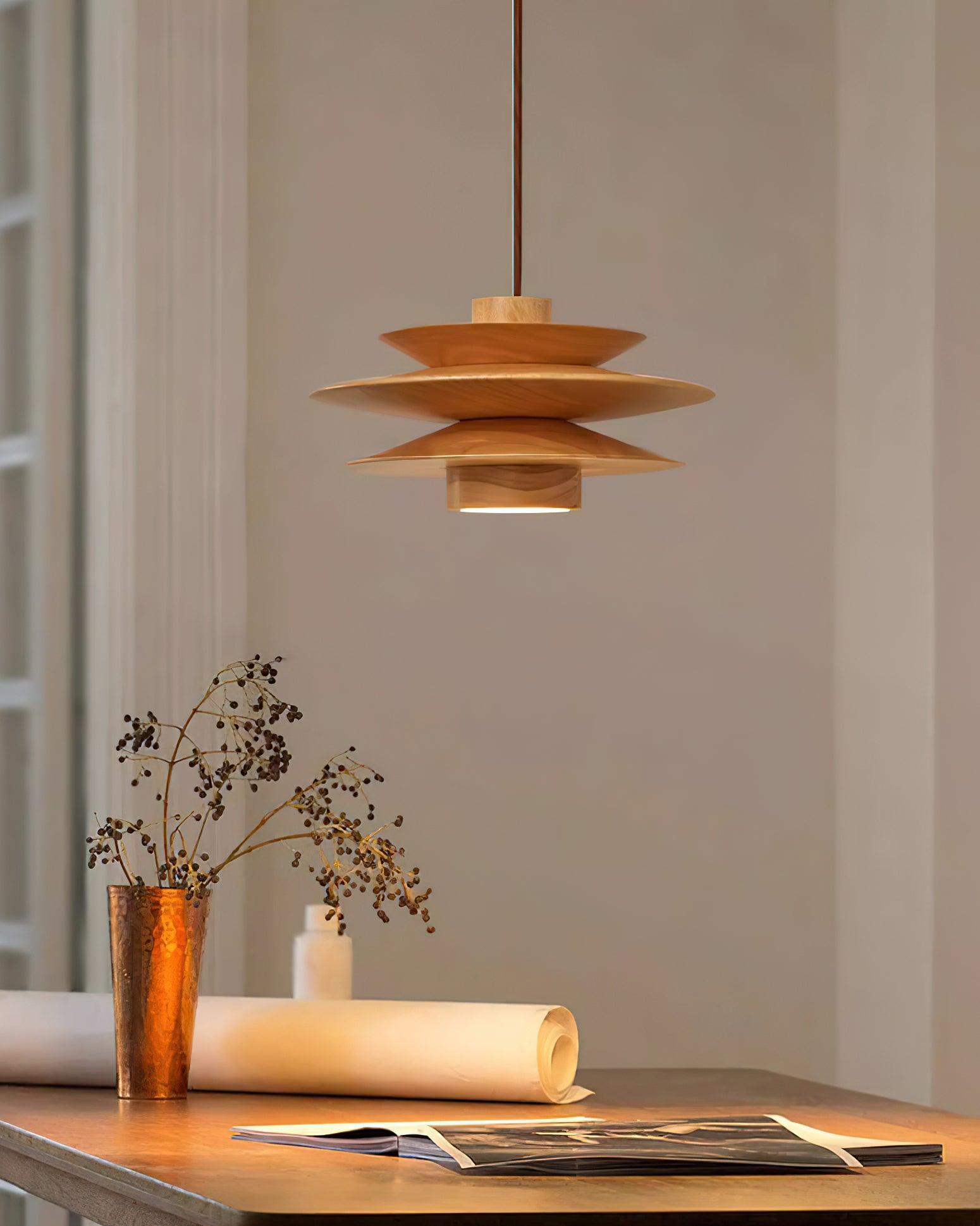 Pendant Light Wood Tiered 11.8 in Diameter Modern Dining Room Living Room Illumination | Thomler