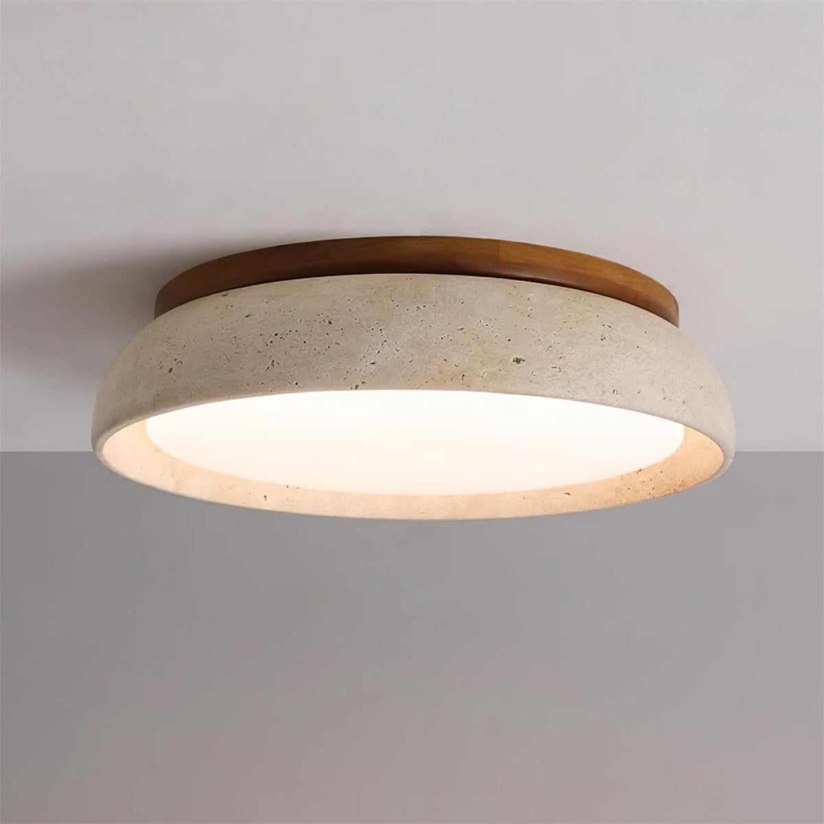Travertine Stone Flush Mount Ceiling Light with Wood Accents for Kitchen, Bedroom, Living Room | Modern Round LED Fixture | Thomler