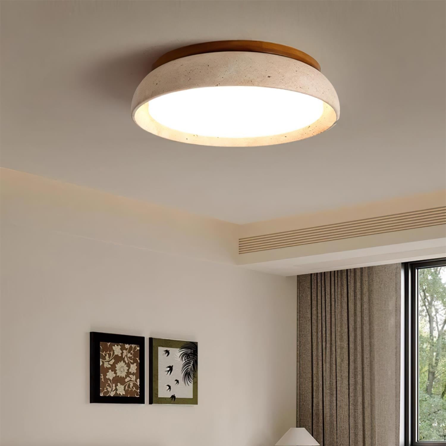 Natural Stone Flush Mount Ceiling Light – Travertine & Wood – 12 to 22 Inch – Warm White LED – for Bedroom, Living Room & Dining Room | Thomler