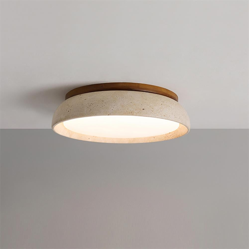 Natural Stone Flush Mount Ceiling Light – Travertine & Wood – 12 to 22 Inch – Warm White LED – for Bedroom, Living Room & Dining Room | Thomler
