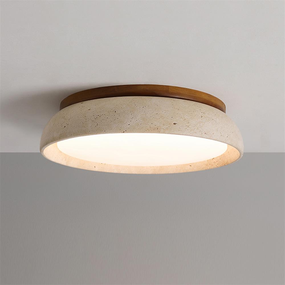 Natural Stone Flush Mount Ceiling Light – Travertine & Wood – 12 to 22 Inch – Warm White LED – for Bedroom, Living Room & Dining Room | Thomler