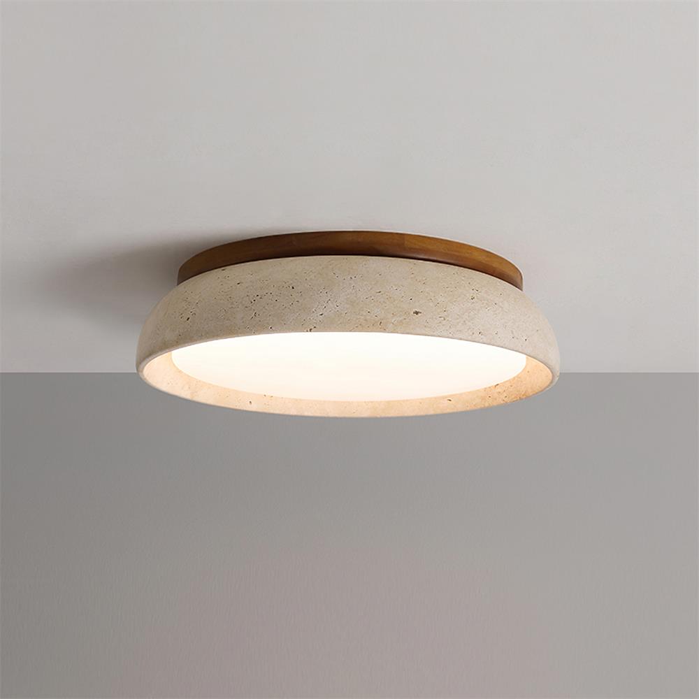 Natural Stone Flush Mount Ceiling Light – Travertine & Wood – 12 to 22 Inch – Warm White LED – for Bedroom, Living Room & Dining Room | Thomler