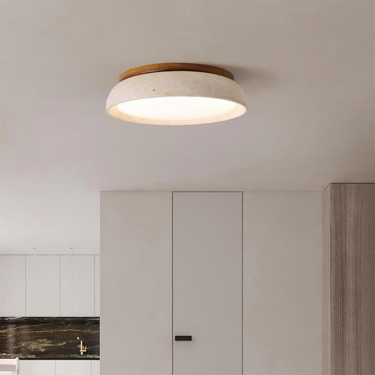 Travertine Stone Flush Mount Ceiling Light with Wood Accents for Kitchen, Bedroom, Living Room | Modern Round LED Fixture | Thomler