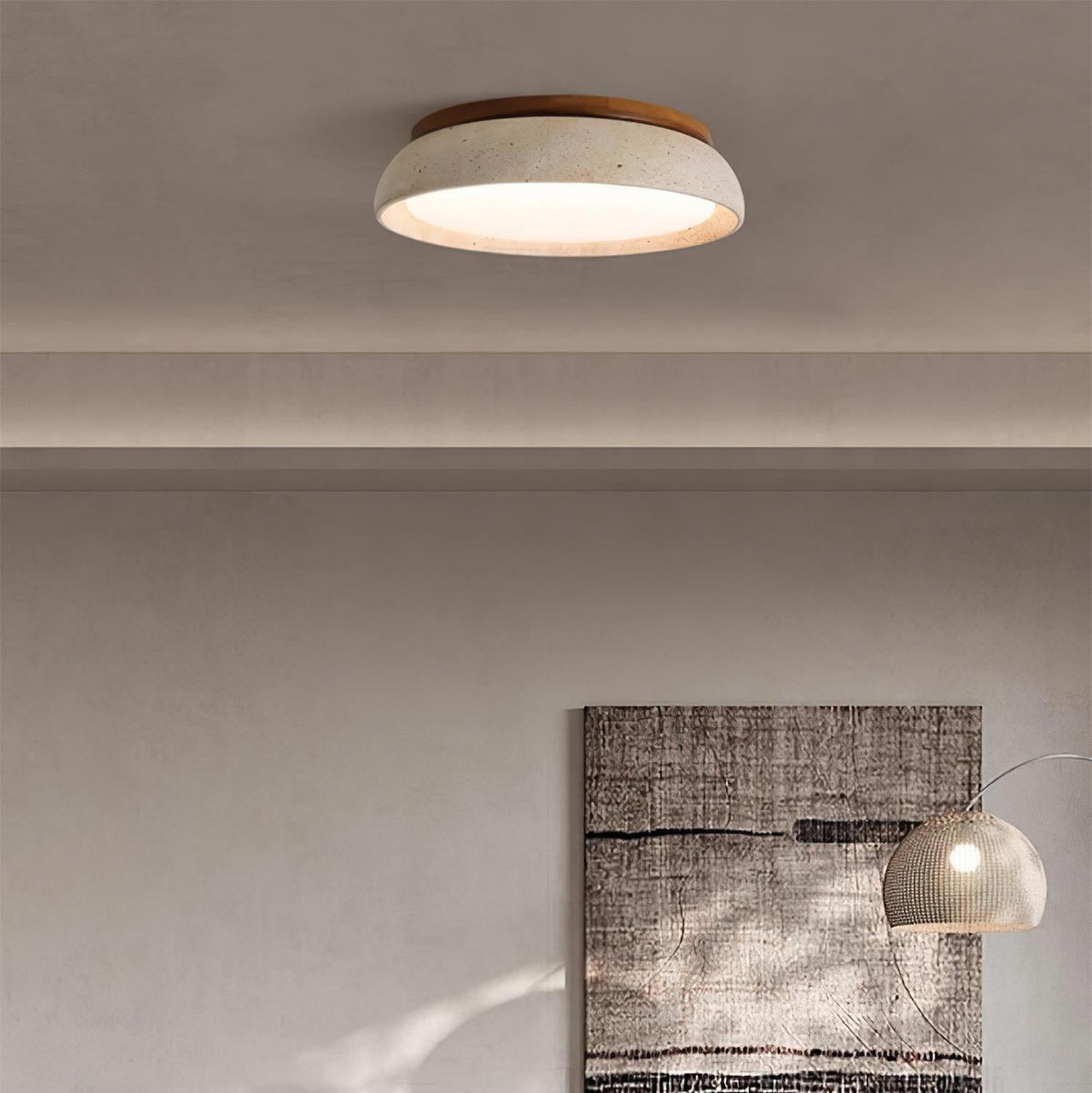 Travertine Stone Flush Mount Ceiling Light with Wood Accents for Kitchen, Bedroom, Living Room | Modern Round LED Fixture | Thomler