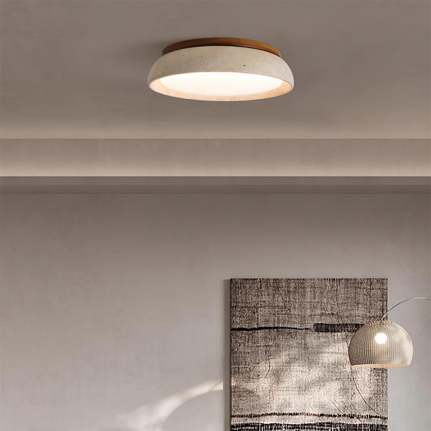 Natural Stone Flush Mount Ceiling Light – Travertine & Wood – 12 to 22 Inch – Warm White LED – for Bedroom, Living Room & Dining Room | Thomler