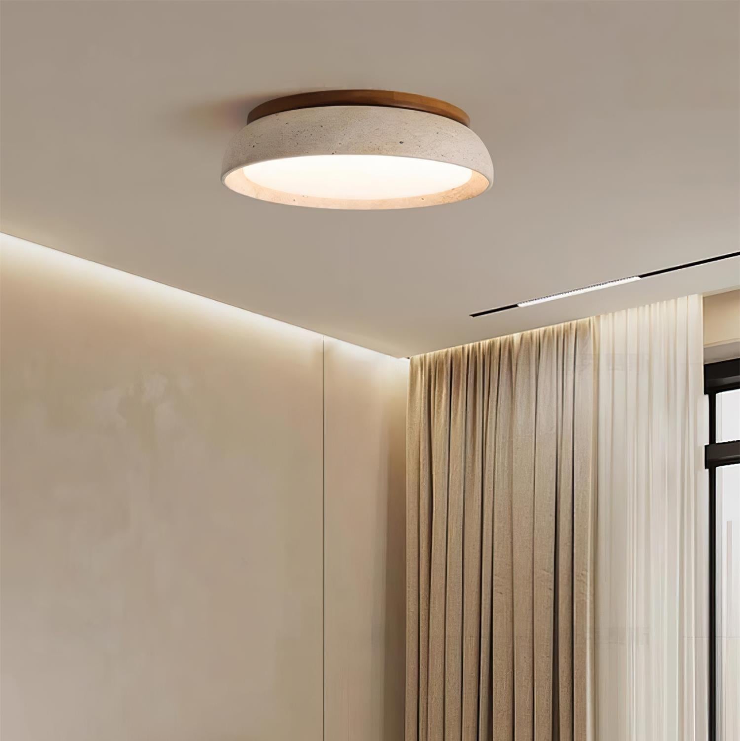 Natural Stone Flush Mount Ceiling Light – Travertine & Wood – 12 to 22 Inch – Warm White LED – for Bedroom, Living Room & Dining Room | Thomler