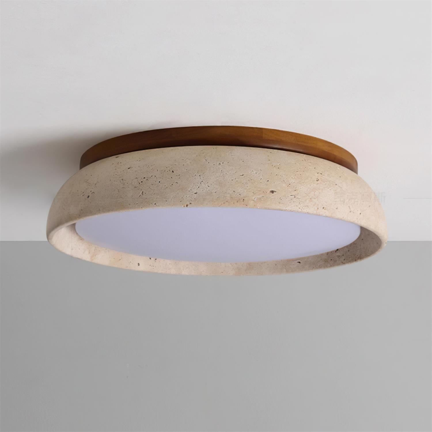 Natural Stone Flush Mount Ceiling Light – Travertine & Wood – 12 to 22 Inch – Warm White LED – for Bedroom, Living Room & Dining Room | Thomler