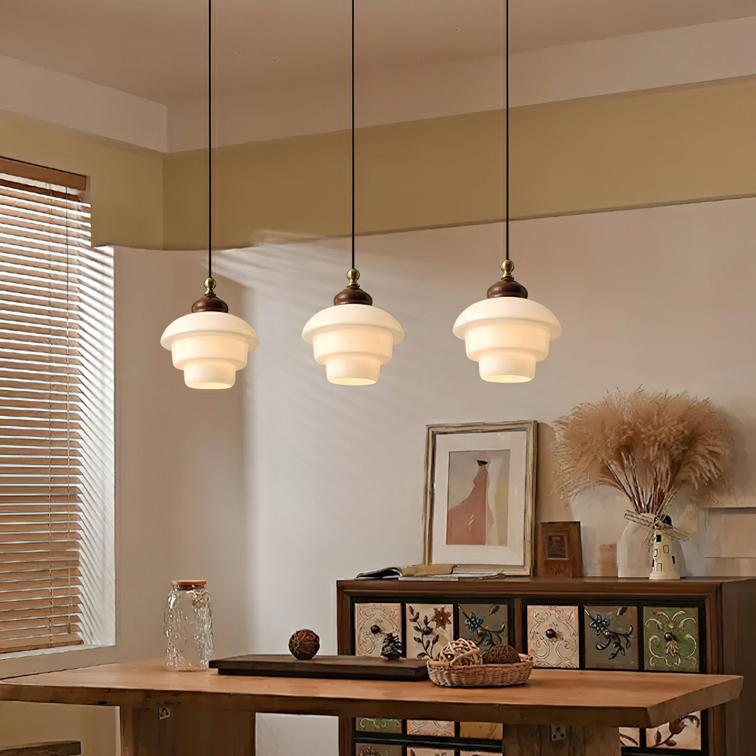 Glass Shade Hanging Lamp 6.3 Inch with Wood Accent for Kitchen Island Dining Table Overhead Fixture E26 Socket Adjustable Cord Dimmable Comp | Thomler