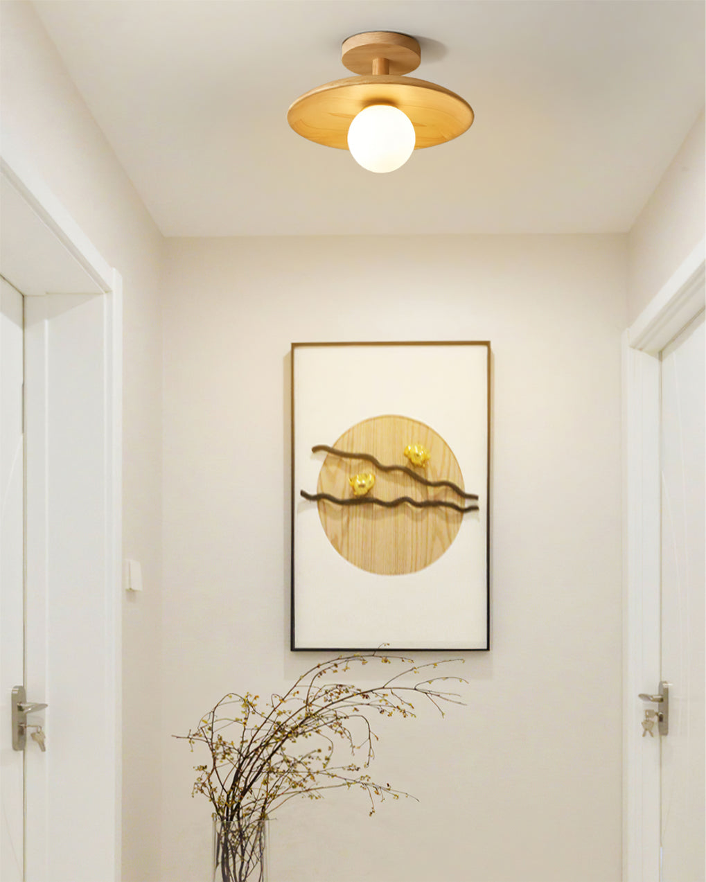 Pendant Light Wood 11 in White Glass Indoor Ceiling Mount Modern Entryway Hallway Living Room Lighting Fixture | Thomler