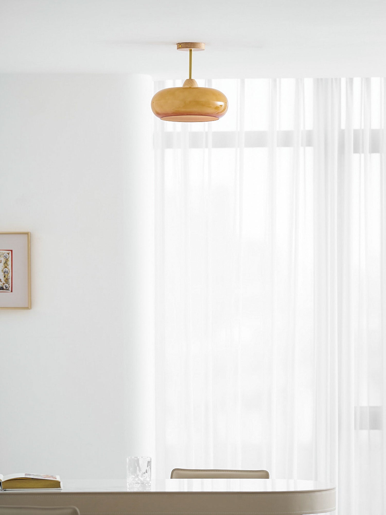 Plafonnier Ceiling Lamp Wood Glass 11 in Orange White Indoor Dining Bedroom Lighting Fixture | Thomler