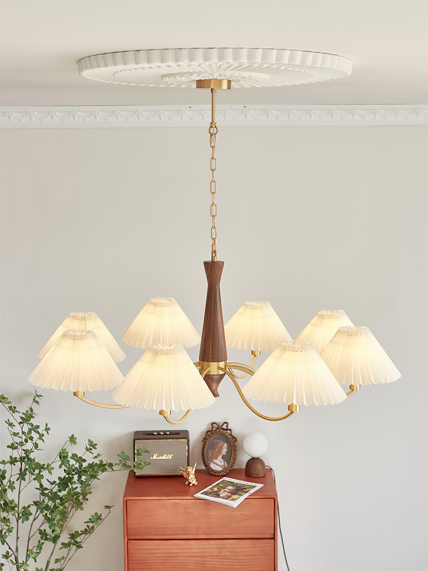 Chandelier Wood Iron 27.6 in Beige Pleated Shade Dining Room Ceiling Light Fixture Adjustable Multi Arm | Thomler